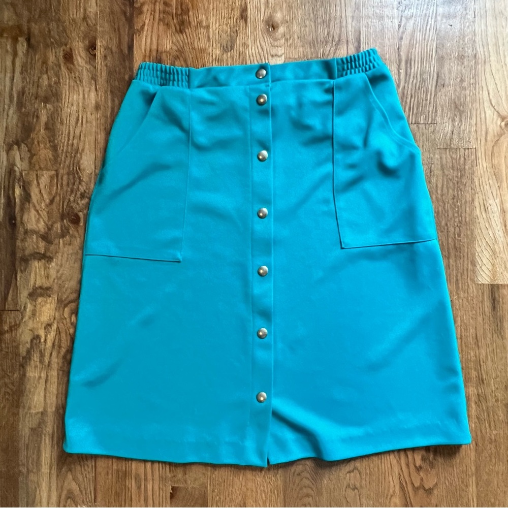 Bright Teal Gold Button Vintage Skirt Pencil Knee Length Pockets Medium